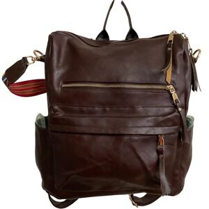 Modern + Chic Brown Vegan Leather Convertible Backpack Shoulder Bag Gold Zip